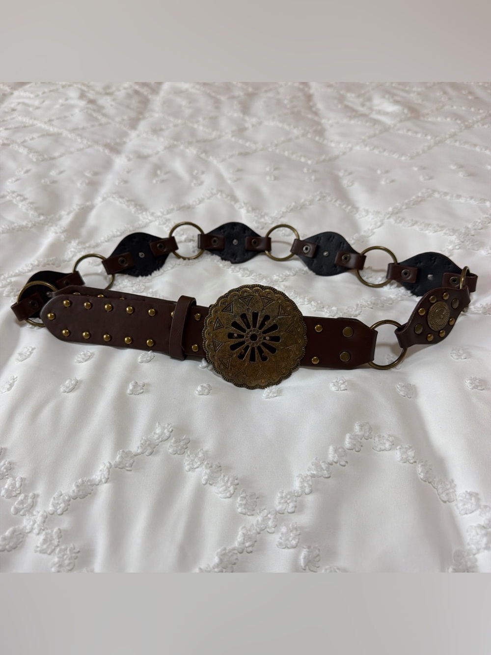 Women's Waist Concho Belt Brown Wide Leather Brass Disc Buckle Boho Western Y2K